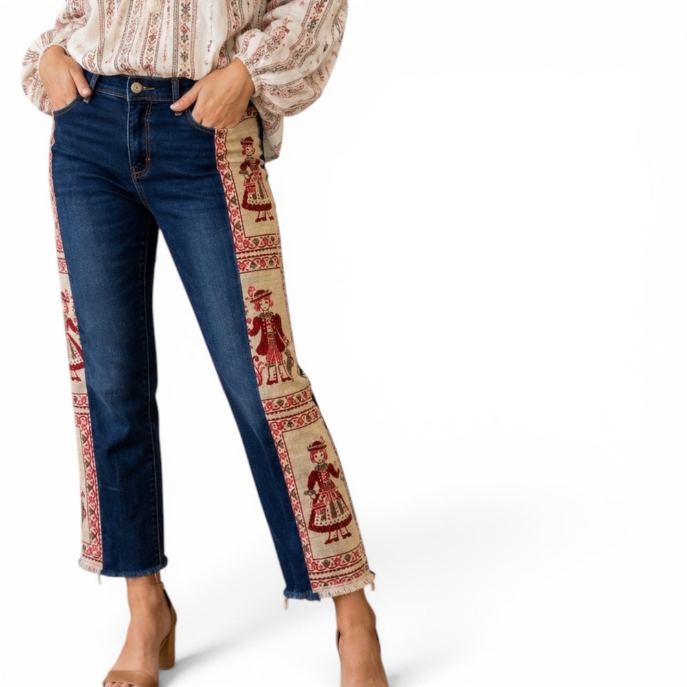 Handmade Dutch Folk Tapestry Side Panel Jeans Dark Wash 39x27 Sz 18